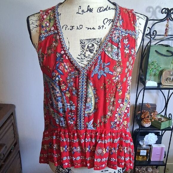 Patrons Of Peace Floral Red Sleeveless Boho Top Small - Picture 1 of 12